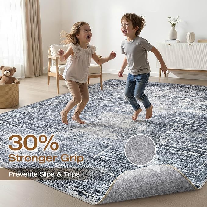 6x9 Area Rugs Living Room: Washable Large Neutral Navy Rug Abstract Soft Modern Stain Resistant Indoor Floor Non-Slip Carpet for Bedroom Nursery Kids Office Playroom Dining Room Under Table Home