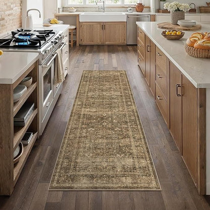 2x6 Brown Runner Rug Hallway Non Slip Washable Area Rugs Kitchen Soft Vintage Boho Long Rug Distressed Floral Carpet Indoor Low Pile Throw Rug for Bedroom Bathroom Laundry Dining Room Office