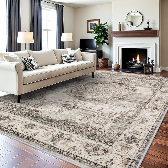 YOUFORTONG 10x12 Area Rug Washable：Large Living Room Area Rugs - Machine Washable Stain Resistant Rug - Soft Low Pile Carpet for Bedroom Dining Room 10'x12' Beige