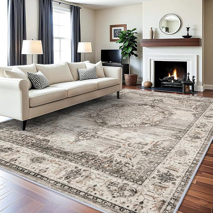 YOUFORTONG 10x12 Area Rug Washable：Large Living Room Area Rugs - Machine Washable Stain Resistant Rug - Soft Low Pile Carpet for Bedroom Dining Room 10'x12' Beige