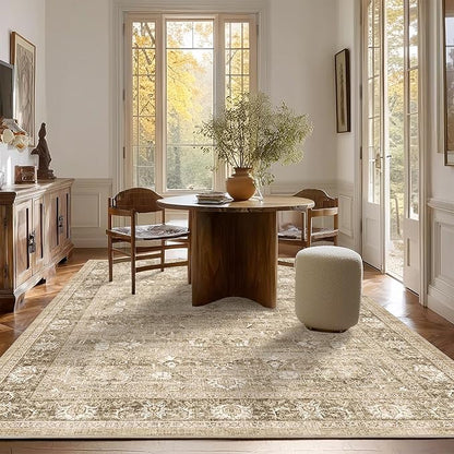 6x9 Beige Washable Area Rugs for Living Room Non Slip Low Pile Vintage Boho Throw Rug Khaki Soft Retro Distressed Floral Large Carpet Indoor for Bedroom Dining Room Office Kitchen Playroom