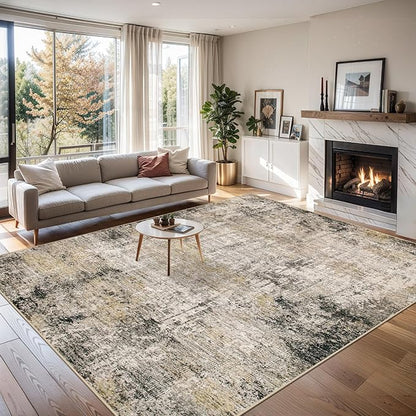 Area Rugs Living Room Rug - 4x6 Washable Modern Abstract Soft Neutral Non-Slip Carpet Large Indoor Floor Thin Carpets for Bedroom Dining Room Farmhouse Nursery Home Office Brown Black Grey