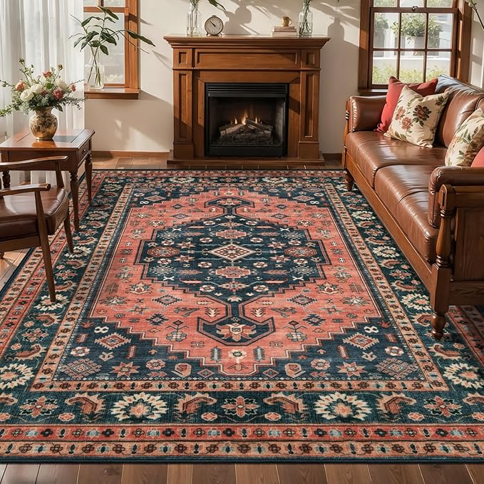 Tangsoo 8x10 Large Area Rug for Living Room,Machine Washable Large Indoor Rugs,Vintage Soft Non-Slip Floral Rugs,Red Blue Low Pile Farmhouse Carpet for Dining Room Bedroom Dorm Office Home Decor
