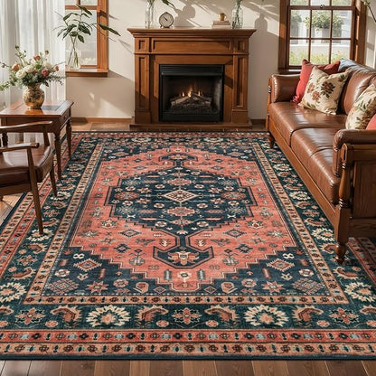 Tangsoo 8x10 Large Area Rug for Living Room,Machine Washable Large Indoor Rugs,Vintage Soft Non-Slip Floral Rugs,Red Blue Low Pile Farmhouse Carpet for Dining Room Bedroom Dorm Office Home Decor
