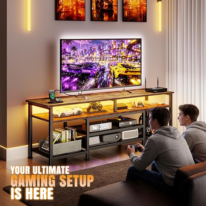 Korfile TV Stand for 60/65/70 inch TV,63 InEntertainment Center with LED Lights and Power Outlets, TV Console Table with Open Shelves for Living Room and Bedroom, Rustic Brown