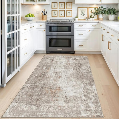 4x5 Washable Area Rugs for Entryway - Non-Slip Low-Pile Indoor Carpet with Rubber Backing for Kitchen, Bathroom,Bedroom, Living Room, Modern Abstract Neutral Soft Mat (Beige Grey)
