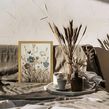 Yaneiro Wood Framed Vintage Wildflower Wall Art, Boho Canvas Wall Decor Paintings, Sage Flower Bathroom Decor, Countryside Farmhouse Landscape Posters Print for Bedroom Hallway Living Room 8x10 Inch