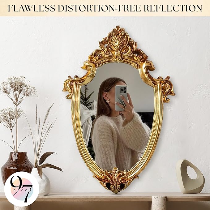 97 Decor Decorative Gold Wall Mirror Vintage Decor - Small Antique Mirror for Table Top and Wall Mounting, Ornate Vintage Mirrors Frame for Home, Bedroom, Makeup Room (11.6x9 Inch)