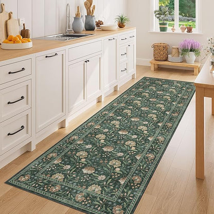 DUKINO 2x6 Rug for Hallway, Vintage Floral Non Slip Kitchen Runner Rug with Washable & Lightweight, Soft Low Pile Indoor Floor Stain Resistant Carpet for Entryway, Bedroom, Bathroom, Laundry, Green
