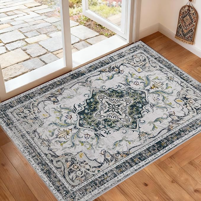 RUSHUFFY 2x3 Washable Small Rug Door Mat, Rugs for Entryway, Vintage Boho Distressed Print Pattern Non-Slip Carpet, Throw Rug for Indoor Entrance Kitchen Bedroom Bathroom Laundry Floor, Grey White