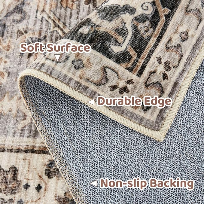 2x3 Washable Entryway Rug: Non-Slip Soft Small Indoor Area Rug for Bedroom Kitchen, Low Pile Stain-Resistant Durable Vintage Floral Carpet for Porch Laundry Kids Room Home Decor (Brown)
