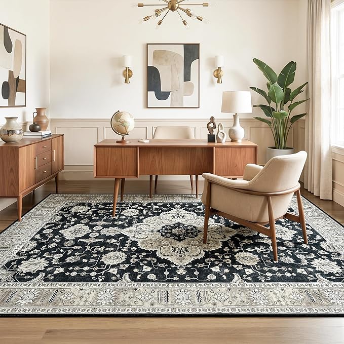 Maxsoft Large Area Rugs for Living Room Bedroom, 8x10 Black Gold Washable Rug with Rubber Backing, Non-Slip and Stain Resistant Soft Throw Indoor Carpet for Dining Room Office Kitchen Dorm Home Decor