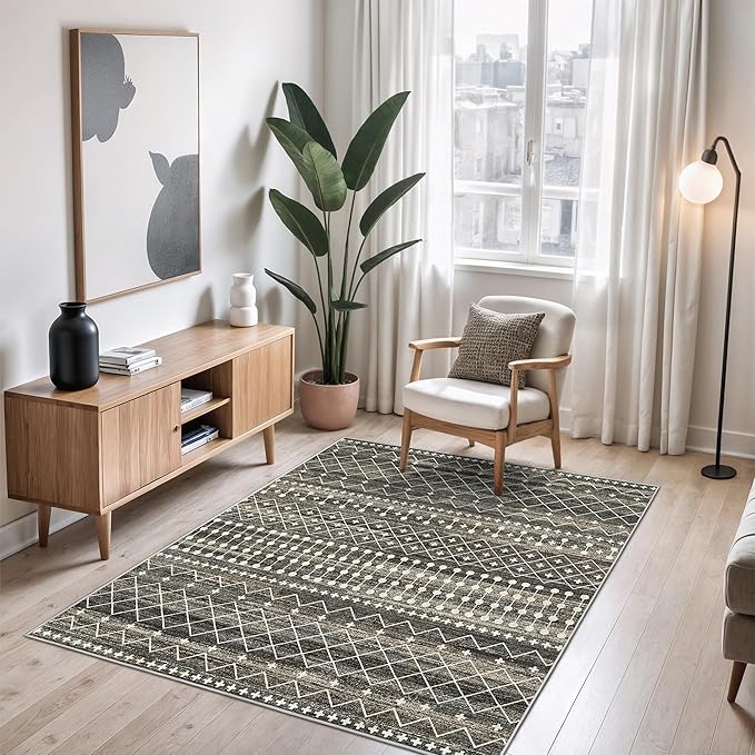 3x5 Washable Rug Moroccan Small Entryway Rug Non Slip Indoor Floor Carpet Foldable Thin Rugs for Kitchen Bedroom with Low Pile(Black,3'x5')