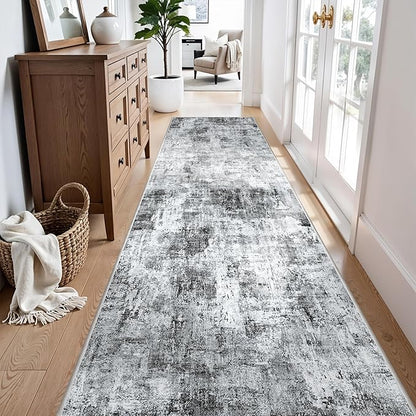 Rug Runners for Hallways Non Slip – 3X10 Washable Long Carpet Runner for Kitchen Indoor Entryway, Bedroom, Living Room,Modern Abstract Low-Pile Thin Grey Runner