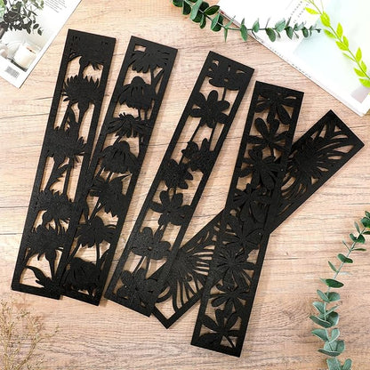 5 Pieces Wooden Wall Art Hollow Wall Decor Wood Wall Accents Themed Wood Panels for Home Decorations Bedroom Living Room, 15.7 x 2.9 x 0.2 Inch (Black, Floral)