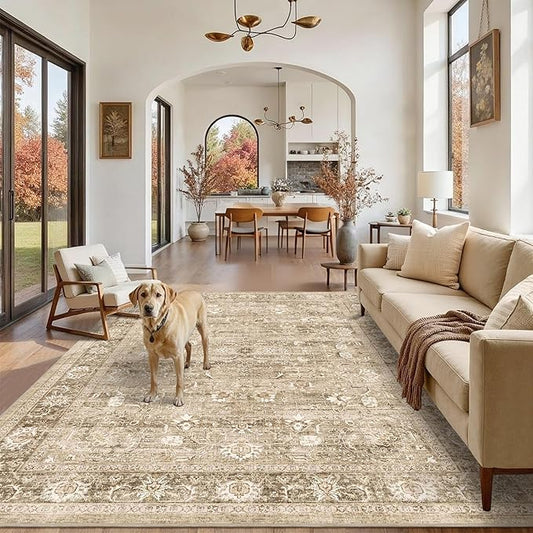 5x7 Beige Washable Area Rugs for Living Room Non Slip Low Pile Vintage Boho Throw Rug Khaki Soft Retro Distressed Floral Carpet Indoor for Bedroom Dining Room Office Kitchen Playroom