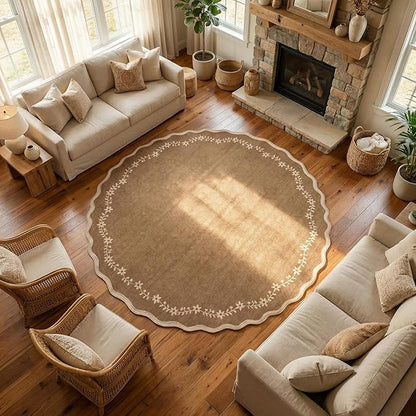 GarveeHome Round Area Rugs 6ft for Bedroom, Solid Brown Washable Circle Rug Soft Non Slip Floral Print Floor Mat Leaves Carpet Indoor Thin Rug for Living Room Dining Room Playroom Nursery