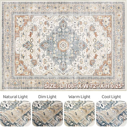 6x9 Area Rugs Living Room: Washable Boho Large Neutral Vintage Soft Rug Stain Resistant Distressed Farmhouse Non-Slip Indoor Floor Carpet for Bedroom Nursery Kids Office Dining Room- Beige Blue
