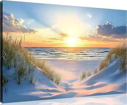 TutuBeer Beach Pictures Ocean Pictures Wall Decor White Beach with Dunes and Grass Picture Print on Canvas Ocean Seascape Paintings Canvas Art Prints Wall Decor Ready to Hang 12" x 18"
