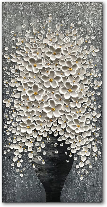 Epicler 20x40 Hand-Painted Painting for Wall Decoration, White Bouquet in vase, Home Wall Decoration.