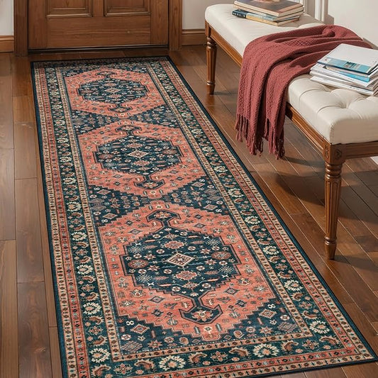 Tangsoo Oriental 2.6x8 Runner Rug for Hallways,Vintage Washable Kitchen Runner Rugs,Boho Non Slip Soft Low Pile Rug Print Distressed Floor Carpet for Bedroom Bathroom Laundry Room Red Blue