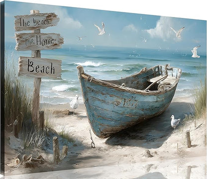 TutuBeer 1 Panel Coastal Bathroom Canvas Wall Art Nautical Boat on Beach Canvas Picture Ocean Seagull Seascape Prints for Wall Sea Bird Farmhouse Artwork for Bedroom Living Room Decor 30"x40"