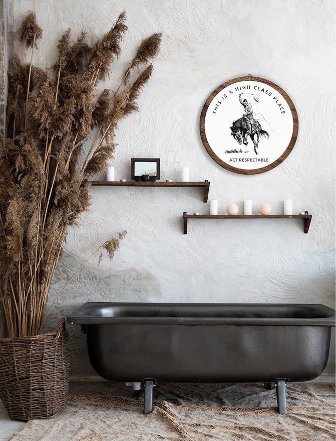 Western Cowboy Hanging Wall Art Decor, Preppy Trendy Southwestern Round Wooden Wall Art, Vintage Retro Western Hanging Decorations for Apartment Home Living Room Bedroom Bathroom Kitchen Office, 04