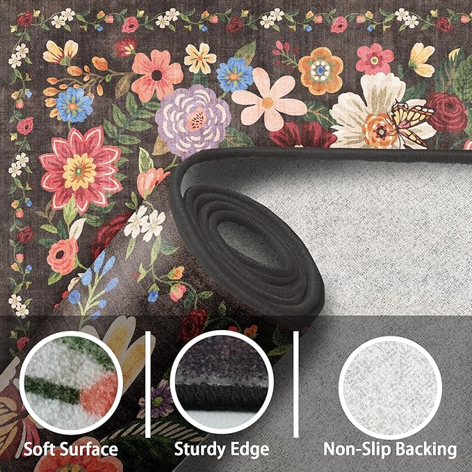 Rug for Hallways Kitchen Rug 3x7, Non Slip Washable Runner Rug with Rubber Backing Soft Floral Carpet for Hallways, Kitchen, Laundry, Bedroom, Bathroom (3 x 7, Black/Brown)