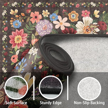 Rug for Hallways Kitchen Rug 3x7, Non Slip Washable Runner Rug with Rubber Backing Soft Floral Carpet for Hallways, Kitchen, Laundry, Bedroom, Bathroom (3 x 7, Black/Brown)