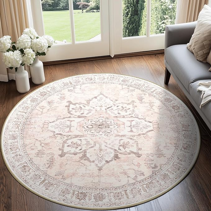 BESTSWEETIE 6ft Area Rug Washable Rugs for Living Room, No Pile Boho Carpet for Entryway Bedroom Dinning Room, Vintage Carpet Print Distressed Non-Slip, 72" Round, Pink Beige Grey