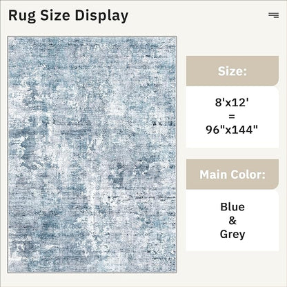 Soalmost Washable Area Rug 8x12, Large Soft Rugs for Living Room Vintage Blue/Grey Carpet 8x12 Area Rugs for Bedroom Dining Room Non-Slip Stain Resistant Under Table Rug
