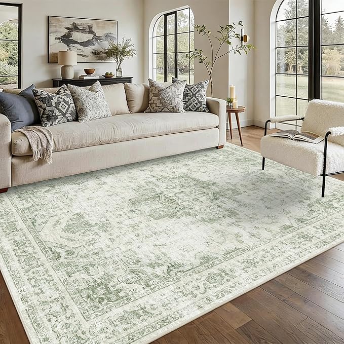 6x9 Vintage Washable Area Rugs Boho Medallion Large Distressed Retro Accent Carpet Floral Non-Slip Soft Low Pile Indoor Throw Rug for Living Room Bedroom Dining Room Office Kitchen, Green