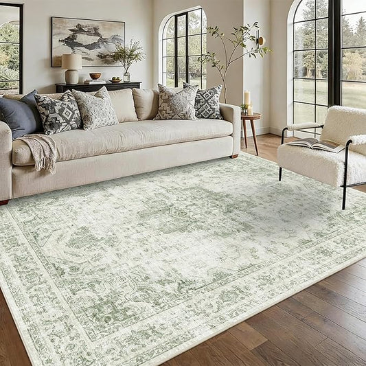 6x9 Vintage Washable Area Rugs Boho Medallion Large Distressed Retro Accent Carpet Floral Non-Slip Soft Low Pile Indoor Throw Rug for Living Room Bedroom Dining Room Office Kitchen, Green