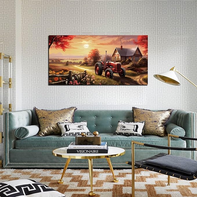 ANCXWOTER Canvas Wall Art Sunset Landscape Canvas Prints Vintage Red Tractor for Living Room Bedroom Office Home Decor Country Farmhouse Artwork 20x40 Inch