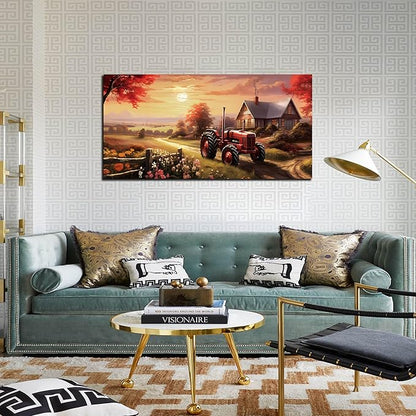 ANCXWOTER Canvas Wall Art Sunset Landscape Canvas Prints Vintage Red Tractor for Living Room Bedroom Office Home Decor Country Farmhouse Artwork 20x40 Inch