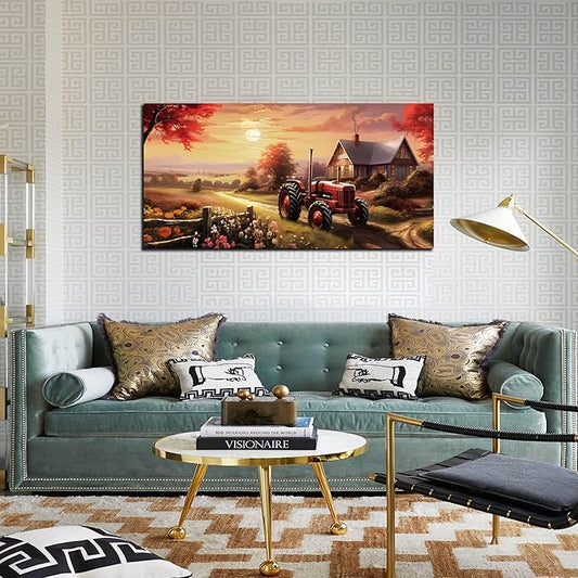 ANCXWOTER Canvas Wall Art Sunset Landscape Canvas Prints Vintage Red Tractor for Living Room Bedroom Office Home Decor Country Farmhouse Artwork 20x40 Inch
