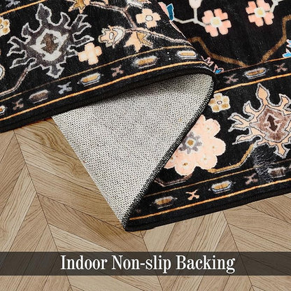 8x10 Area Rugs for Living Room, Machine Washable Vintage Rug, Non-Slip Low Pile Throw Rugs with Rubber Backing Washable Carpet for Bedroom Dining Room Kitchen Home Decor, Black