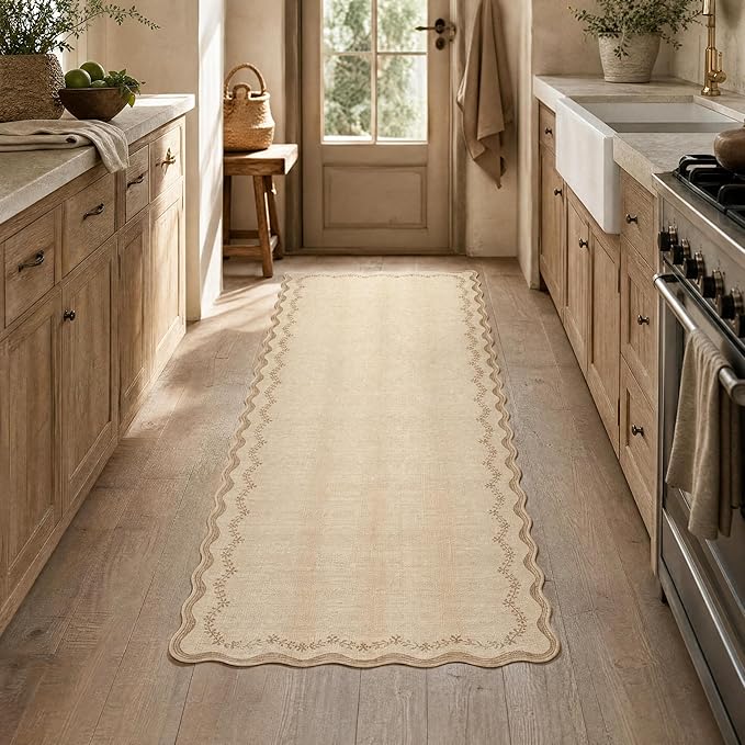 GarveeHome 2.5x8 Scalloped Washable Runner Rug for Kitchen, Soft Jute Long Hallway Runner Non Slip Entryway Rug Farmhouse Thin Laundry Mat Stain Resistant Carpet for Bathroom Beside Rug