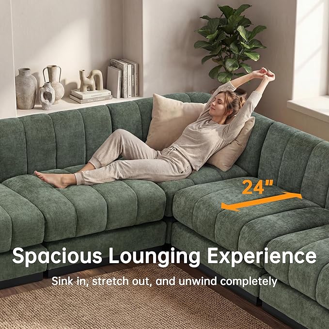 Morden Fort 6-Seater U-Shaped Modular Sectional Sofa, Large Deep Seat Chenille Couch for Living Room, Modern Modular Corner Sofa with High-Density Foam Cushions, Family Couch, Green
