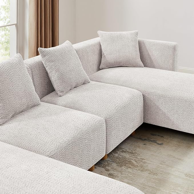 VANOMi 113" Sectional Sofa with 4 Pillows, U-Shaped 4-Seater Comfy Boucle Cloud Couch, Modern Double Chaises Lounge Sofas for Living Room, Office, Apartment (Light Khaki-U)