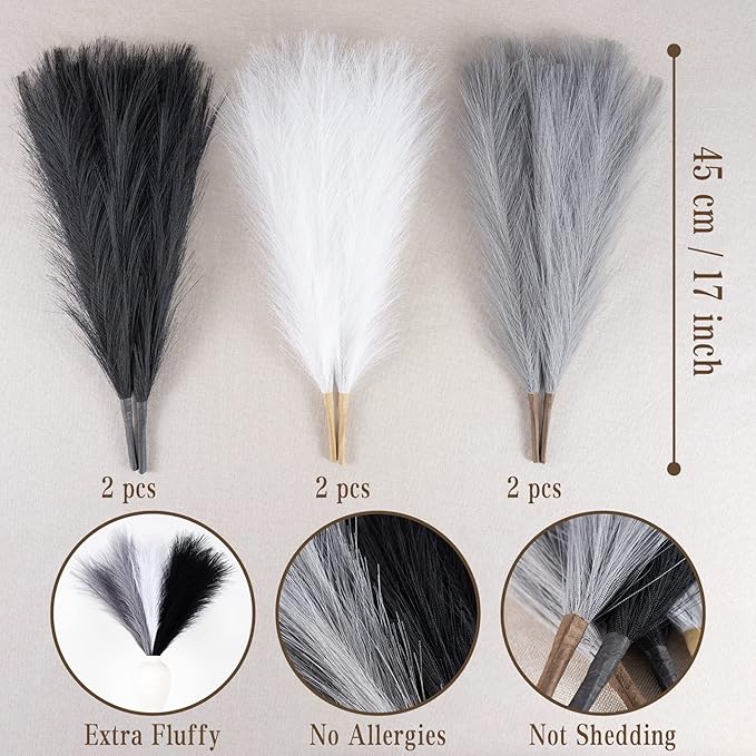 Faux Pampas Grass Decor, 18"/45cm Artificial Pampas Grass Fluffy 6 Stem pompous Flower Arrangement for Boho Home Wedding Decoration (Black,White,Grey)