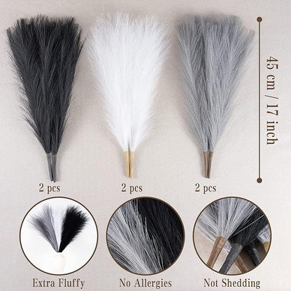 Faux Pampas Grass Decor, 18"/45cm Artificial Pampas Grass Fluffy 6 Stem pompous Flower Arrangement for Boho Home Wedding Decoration (Black,White,Grey)