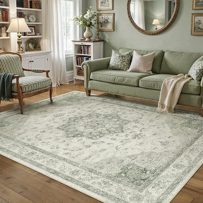 PureCozy Green Area Rug 4x6 Washable Vintage Carpet Entryway Office Soft Retro Kitchen Low Pile Thin Door Mat Non Slip Oriental Medallion Throw Small Rug for Bathroom Bedroom Dining Living Room
