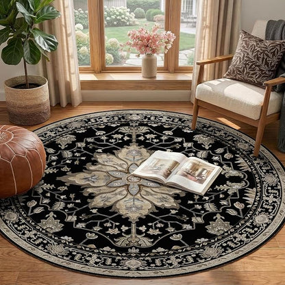 RELEANY Area Rugs Round 4ft Washable Non-Slip, Floral Vintage Distress Print Pattern Medallion Carpet for Living Room Bedroom Dining Room, Black Brown Neutral Dark Tan