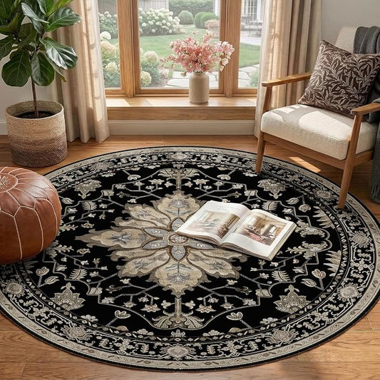 RELEANY Area Rugs Round 4ft Washable Non-Slip, Floral Vintage Distress Print Pattern Medallion Carpet for Living Room Bedroom Dining Room, Black Brown Neutral Dark Tan