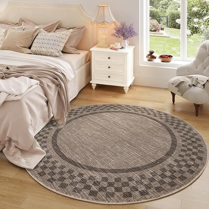 4ft Washable Round Rug for Entryway Modern Checkered Bedroom Circle Rug Non Slip Soft Dining Room Round Throw Carpet Small Stain Resistant Border Round Rugs for Living Room Kitchen Bathroom, Brown