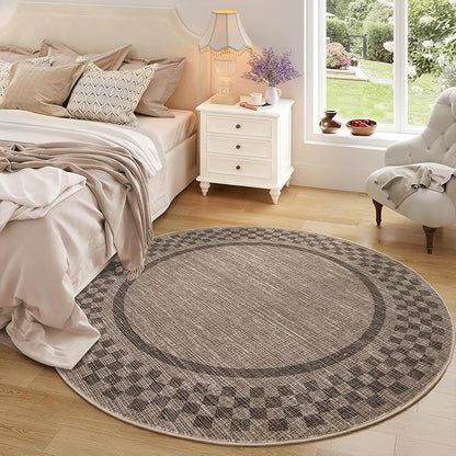 4ft Washable Round Rug for Entryway Modern Checkered Bedroom Circle Rug Non Slip Soft Dining Room Round Throw Carpet Small Stain Resistant Border Round Rugs for Living Room Kitchen Bathroom, Brown
