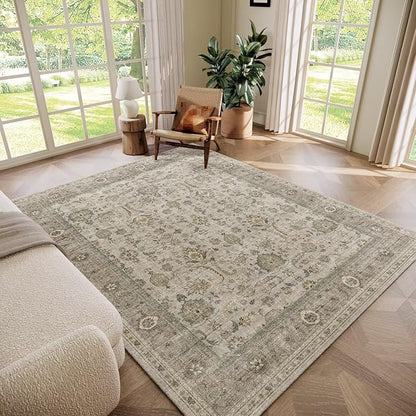 Washable 6x9 Area Rugs for Living Room, Boho Non-Slip Vintage Distress Large Rugs for Bedroom Dining Room Nursery Office, 0.3" Neutral Oriental Throw Thin Carpet, Flaxen/Multi, B2