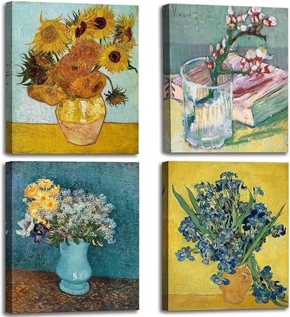 dgbtcart Sunflowers Irises Flower Vase by Vincent Van Gogh Canvas Wall Art, Classic Paintings Reproduction Prints Floral Artwork Posters for Home Decor 11"x14"x4 Pieces