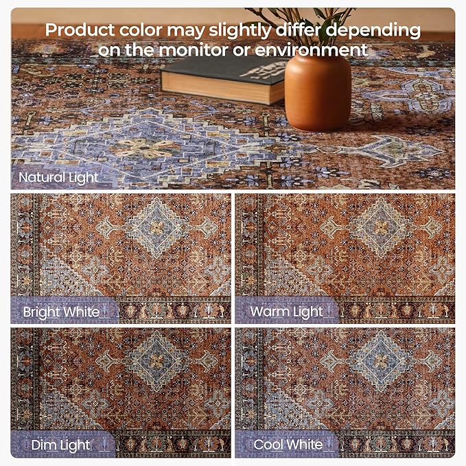 Kokia 6x9 Area Rugs for Living Room, Machine Washable Low Pile Rug, Non Slip Backing Boho Rugs for Bedroom, Printed Soft Vintage Carpet Sienna Brown 6 x 9